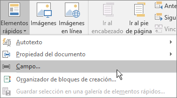 La opción Campo está resaltada en el menú Elementos rápidos