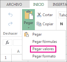 Comando Pegar que muestra Pegar valores en Excel Online