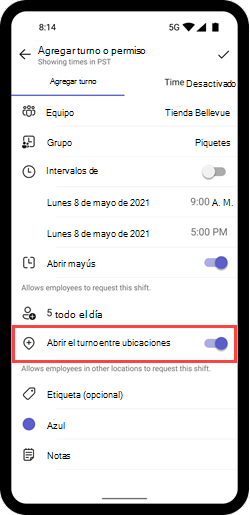 Captura de pantalla que muestra el botón de alternancia Abrir turno entre ubicaciones para un turno en dispositivos móviles.