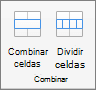 Captura de pantalla que muestra el grupo Combinar disponible en la pestaña Diseño de tabla, con las opciones Combinar celdas y Dividir celdas.