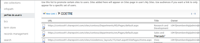Captura de pantalla de la configuración de administrar sitios promocionados