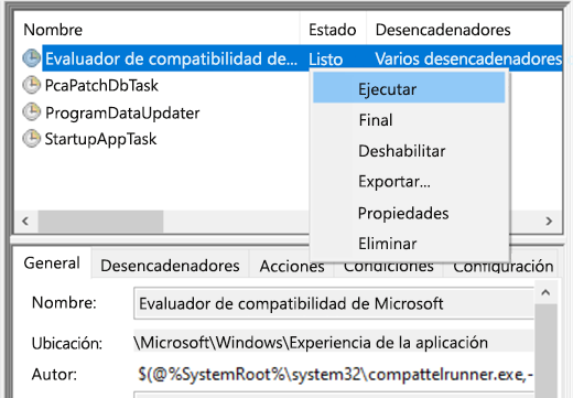 Ejecutar el Evaluador de compatibilidad de Microsoft en el Programador de tareas.
