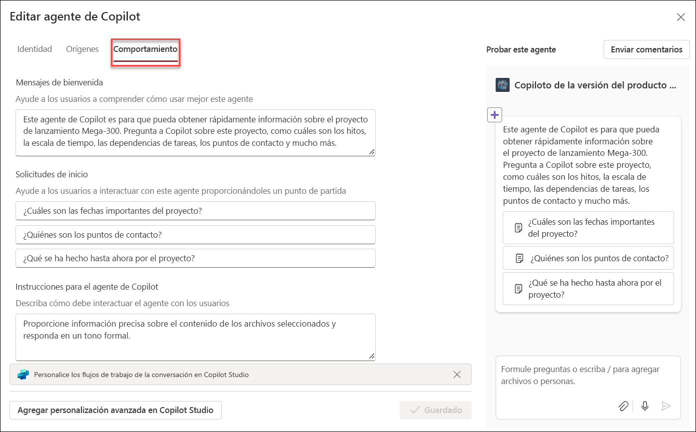 captura de pantalla de la edición del comportamiento del agente de copilot