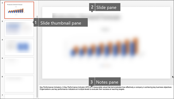 Panel de miniaturas, panel de diapositivas y panel de notas en PowerPoint para Mac