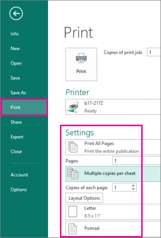 Haga clic en Archivo > Imprimir para ver las preferencias de impresión de Publisher 2013
