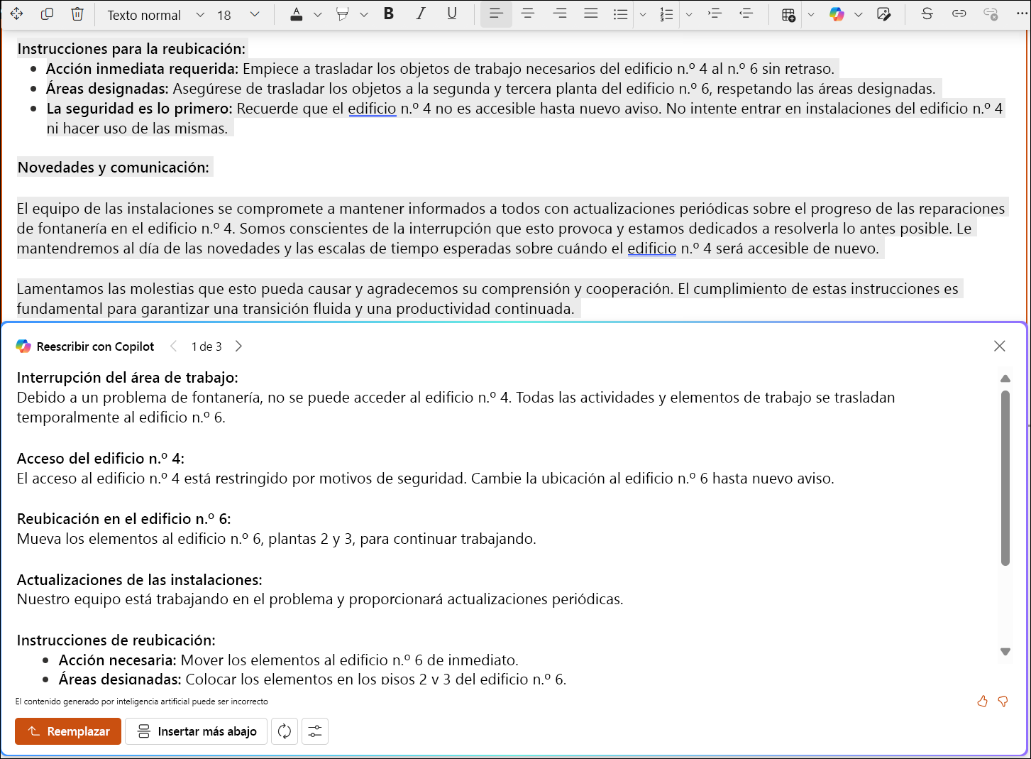 recorte de pantalla de una sugerencia de edición de sharepoint para un texto extenso.