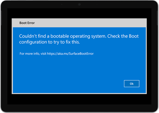 Una pantalla azul con el título "Error de inicio" y un mensaje que indica que se compruebe la configuración de inicio.