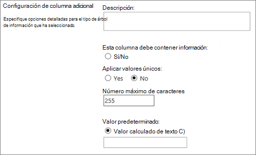 Opciones para una sola línea de columna de texto