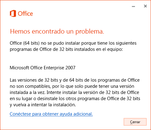 No se pueden mezclar versiones de 32 y 64 bits de Office