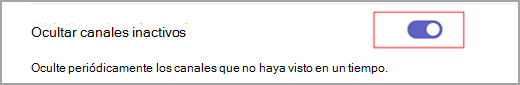 Captura de pantalla de un botón de alternancia azul con un círculo interno blanco activado junto al texto que lee "Ocultar canales inactivos".