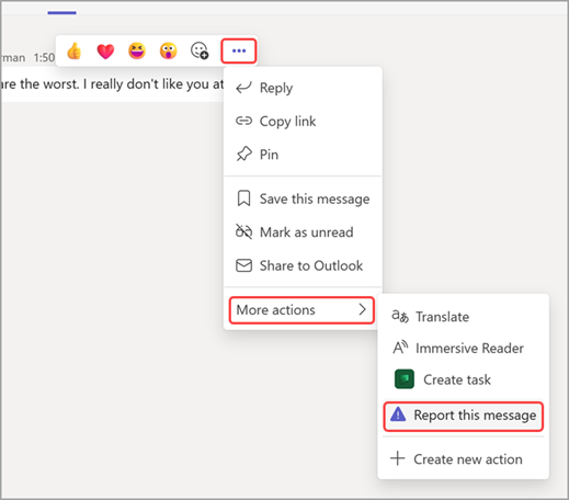 Captura de pantalla que muestra la opción de navegar al mensaje de informe