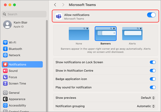 La configuración del sistema de Mac permite las notificaciones de Microsoft Teams