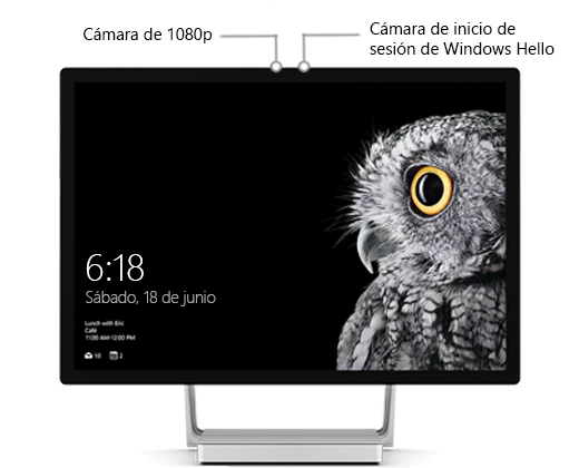 Una imagen de la pantalla de Surface Studio, con etiquetas de identificación de la posición de las dos cámaras cerca del centro de la parte superior