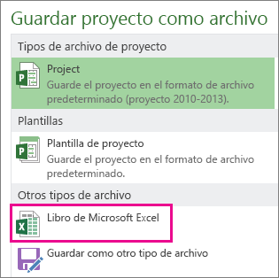 Guardar archivo de proyecto como libro de Microsoft Excel