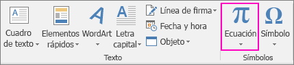 La opción Ecuación está resaltada en la pestaña Insertar