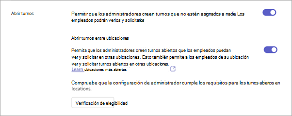 Captura de pantalla de las opciones de turnos abiertas en la configuración de Turnos.