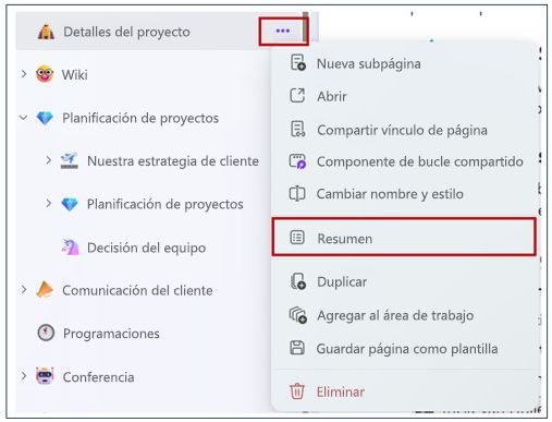 Botón de resumen de la pestaña de navegación izquierda