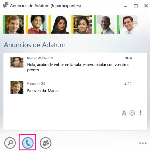 Captura de pantalla del botón Llamar del salón de chat