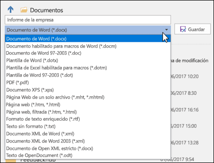 Haga clic en la lista desplegable del tipo de archivo para seleccionar otro formato de archivo para el documento
