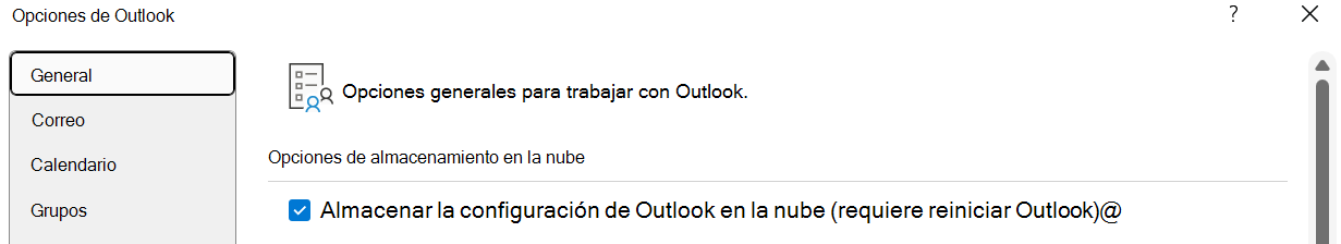 "Almacenar mi configuración de Outlook en la nube (requiere reiniciar Outlook)" debe estar habilitada si el usuario desea importar su configuración en el nuevo Outlook para Windows