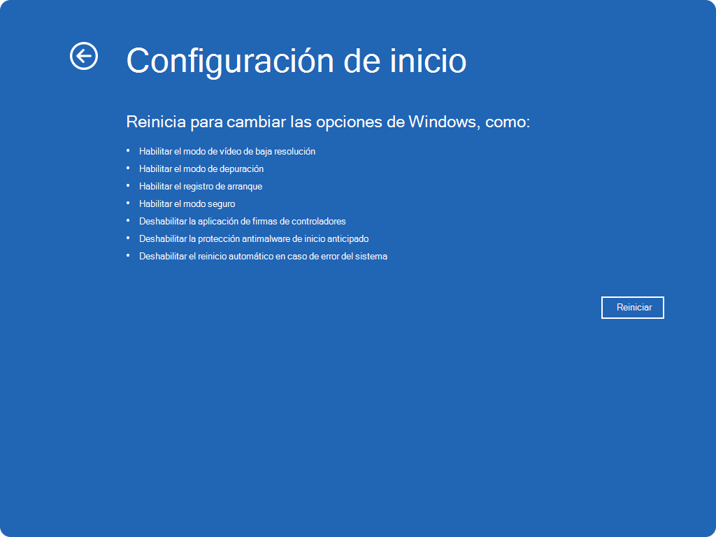 Captura de pantalla de Windows RE: configuración de inicio.