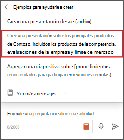 Captura de pantalla del menú de consulta en Copilot en PowerPoint con la opción "Crear una presentación sobre" resaltada