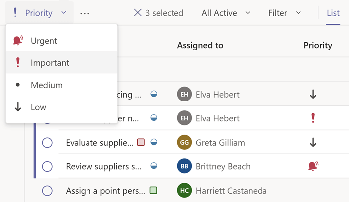 Captura de pantalla de la aplicación tareas con varias selecciones y lista de prioridades abierta