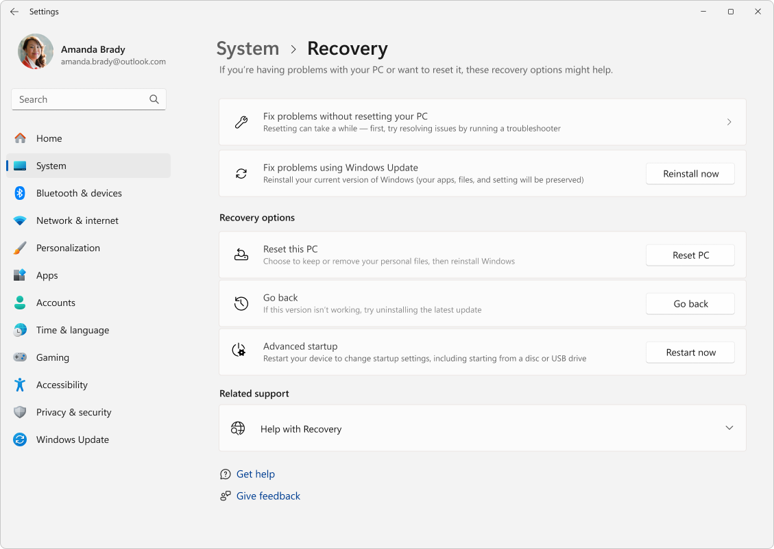 Captura de pantalla de Configuración- Sistema - Recuperación.