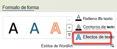Para agregar un efecto visual a WordArt, selecciónelo y, en la pestaña Formato de forma, seleccione Efectos de texto.