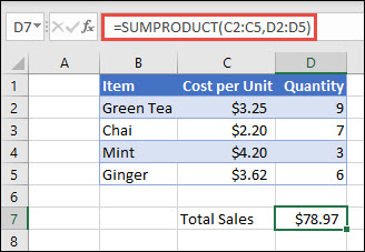 Ejemplo de la función SUMAPRODUCTO usada para devolver la suma de artículos vendidos cuando se proporciona el costo unitario y la cantidad.
