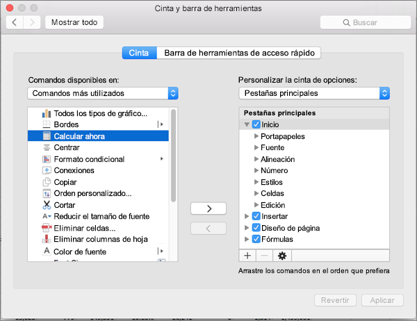 Personalizar la cinta de opciones de Office 2016 para Mac