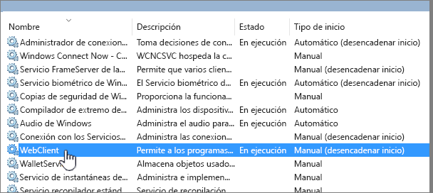 Services.msc con WebClient resaltado