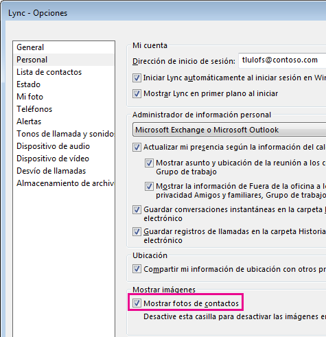 Captura de pantalla de Opciones de Lync con la opción Personal elegida y Mostrar fotos de contactos
