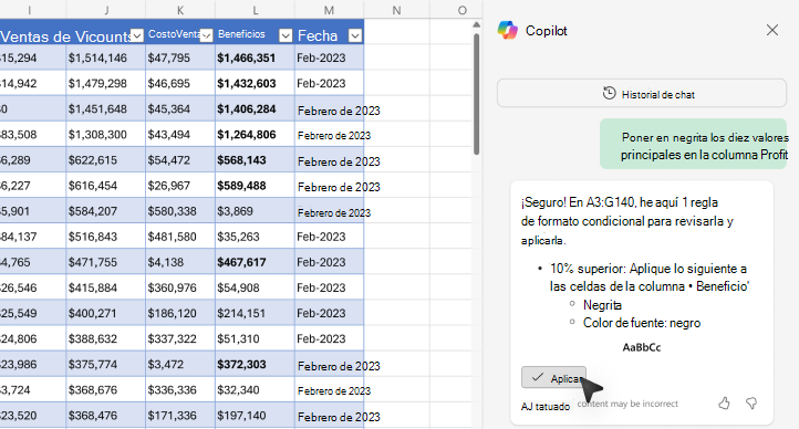 Captura de pantalla de cómo mostrar los valores en negrita con Copilot en Excel.