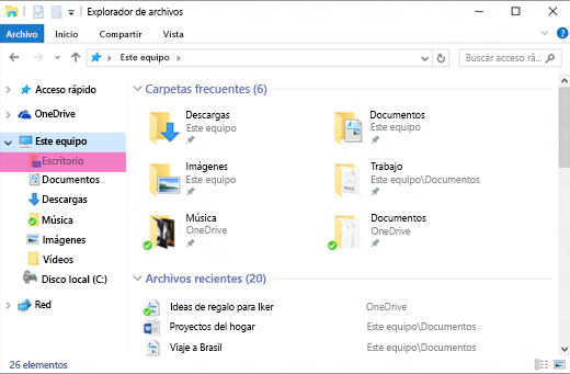Ventana del explorador de archivos de Windows con ' ' escritorio ' ' resaltada en el panel izquierdo
