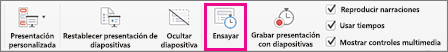 Pruebe distintos intervalos entre diapositivas con el botón Ensayar.