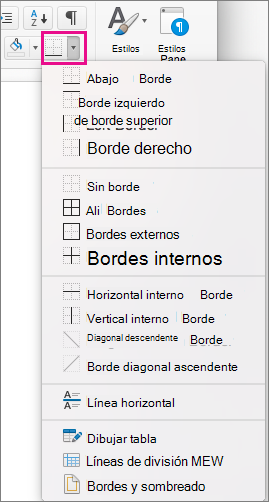 En la pestaña Inicio, haga clic en Bordes para agregar o cambiar los bordes en el texto seleccionado.