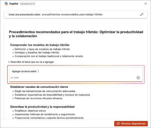 Captura de pantalla de la ubicación para escribir la descripción del tema que se agregó al usar Copilot para PowerPoint.