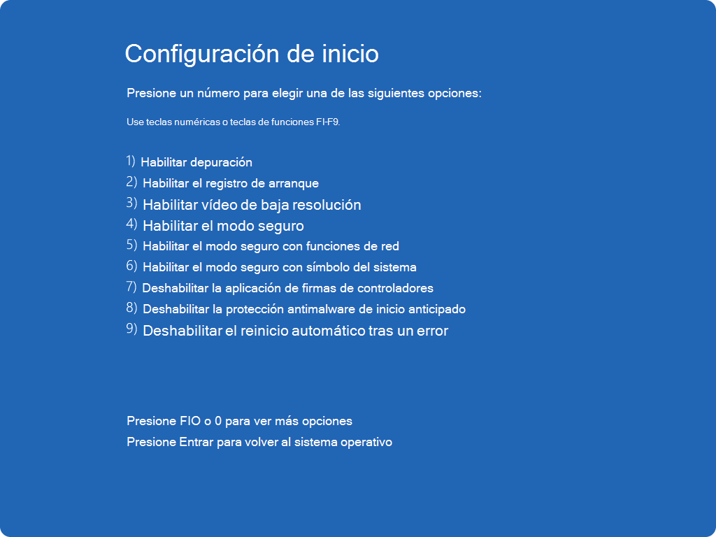 Captura de pantalla de la lista de configuración de inicio.