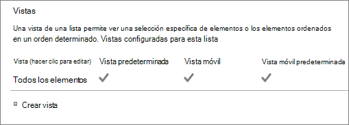 Sección Vista de lista en Configuración de lista