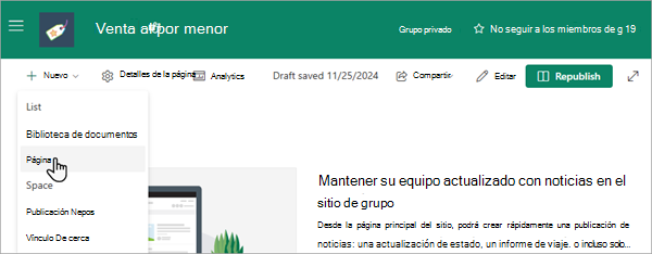 Captura de pantalla que muestra cómo agregar una página nueva a un sitio de grupo de SharePoint Online.