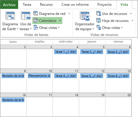 Captura de pantalla compuesta de los grupos Vista de tareas y Vista de recursos en la pestaña Vista y un plan de proyecto en la vista Calendario.