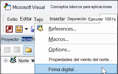 Ventana de Microsoft Visual Basic para Aplicaciones con la opción Firma digital seleccionada en un menú desplegable.