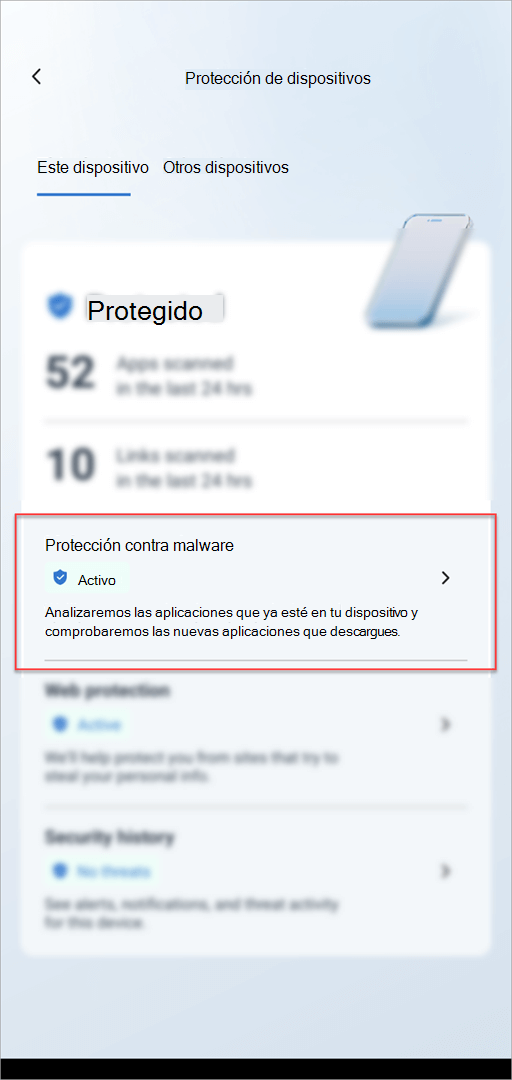 La tarjeta Protección de dispositivos en Microsoft Defender en Android que muestra la sección Protección contra malware resaltada.