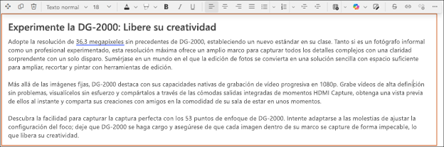 Después: ejemplo de uso de ajustar el tono con Copilot en el editor de texto enriquecido de SharePoint