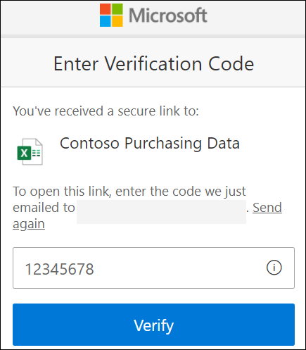 Ventana Comprobar código de comprobación de uso compartido externo de OneDrive