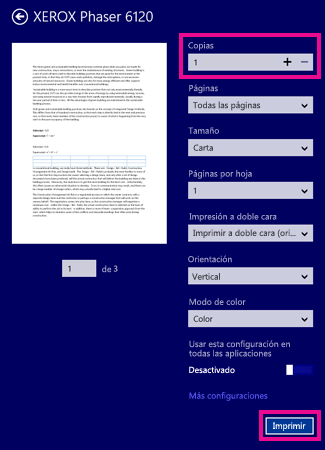 Opciones de impresora de Lector de Windows 8