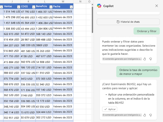 Captura de pantalla de cómo ordenar datos con Copilot en Excel.