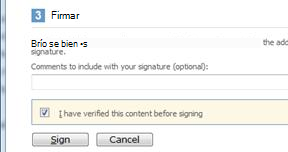 Cuadro de diálogo de firma que muestra la casilla de verificación y el botón de firma