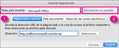 Cuadro de diálogo Hipervínculo en Office para Mac